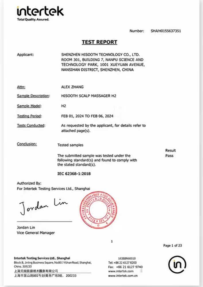 Hisooth saç bakım bonesi Intertek sertifikası - IEC 62368-1 güvenlik testi